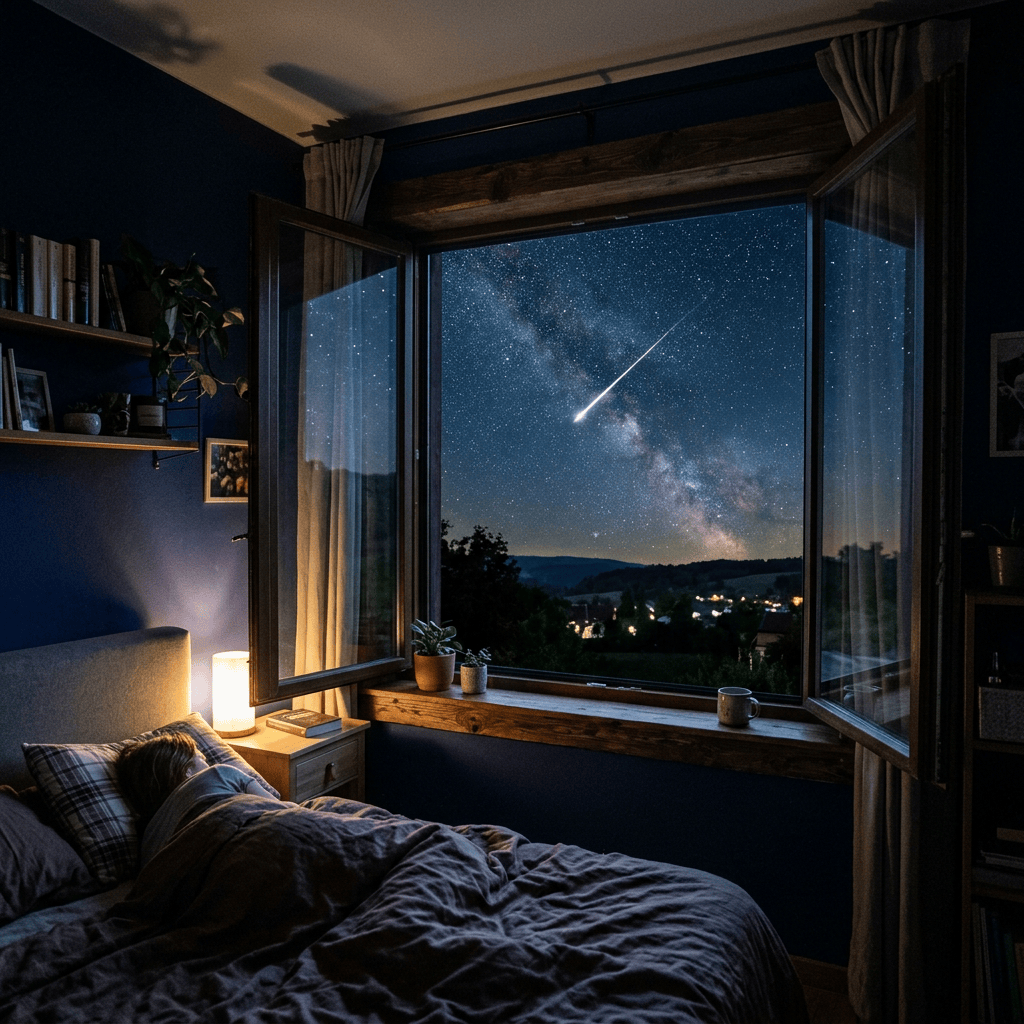 Cozy bedroom with open window, Milky Way, and bright meteor