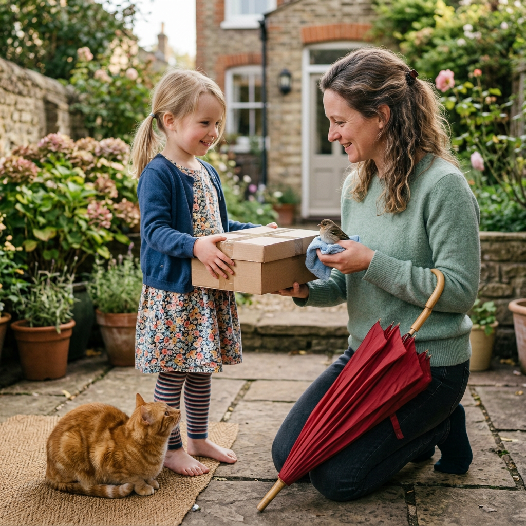 Child and mother holding a box and rescued bird beside a cat